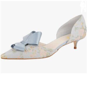 XYD Blue Flower Embroidery D'Orsay Kitten Heel Bridal Bowknot Pointed Toe Pumps